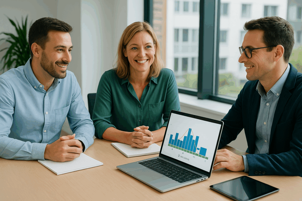 Drie personen in een zakelijke setting bespreken energieoplossingen, met zonnepanelen op de achtergrond.