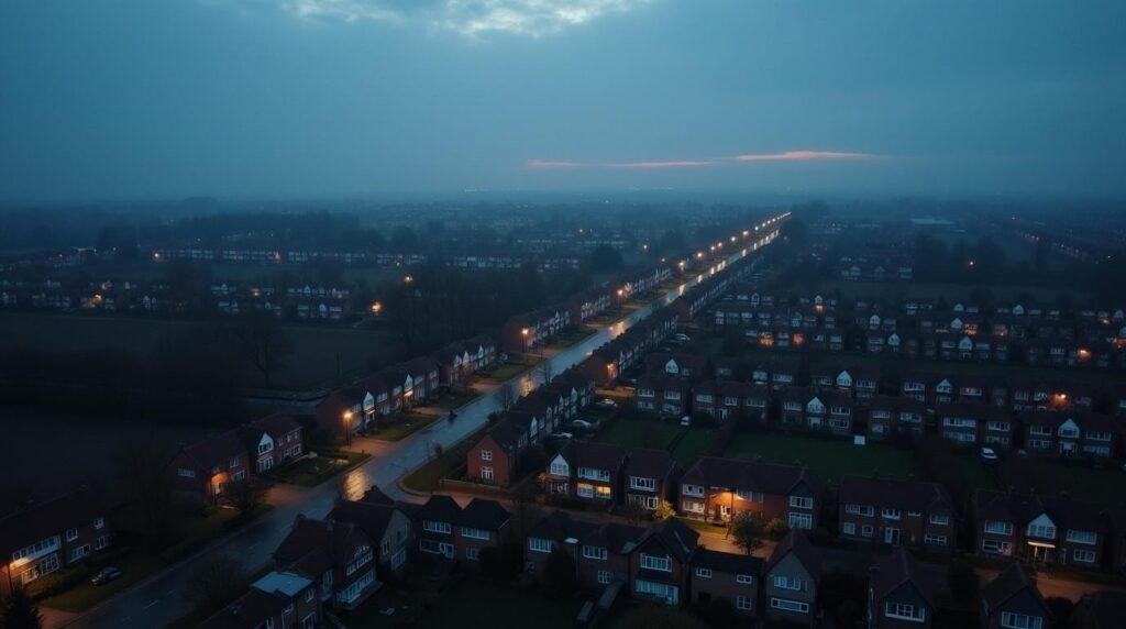 Modern huis met zonnepanelen en thuisbatterij tijdens storm, warm verlicht van binnen