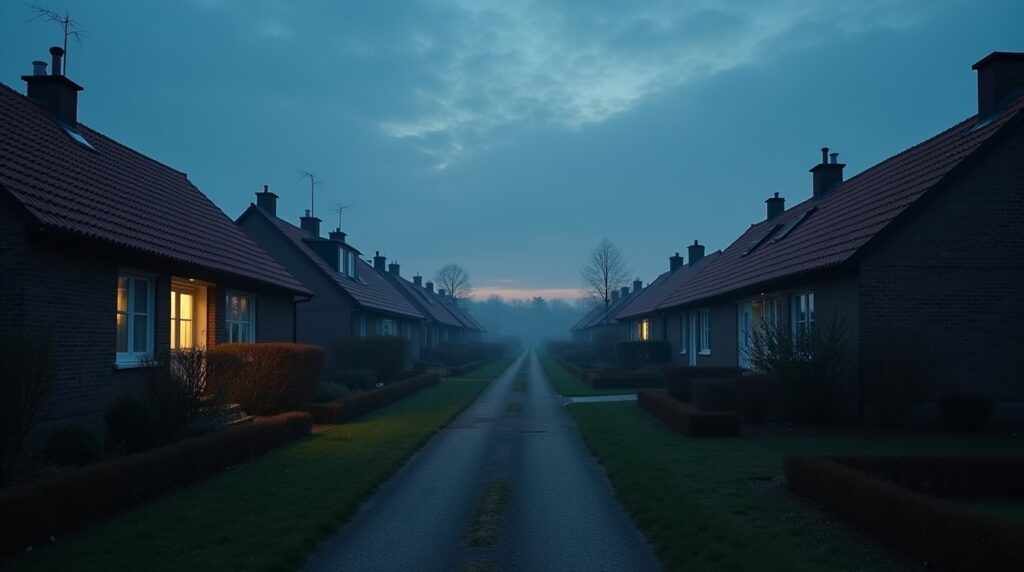 Modern huis met thuisbatterij en zonnepanelen tijdens storm, binnen brandt licht