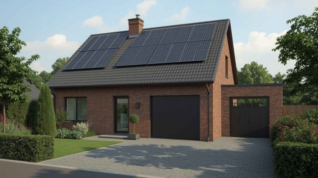 Realistische woning met zonnepanelen, thuisbatterij en energie management systeem (EMS)