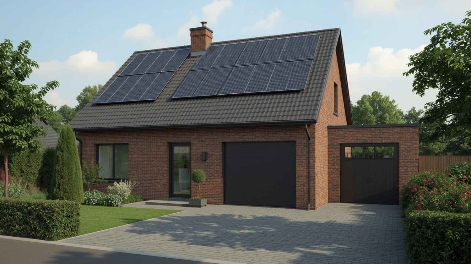 Realistische woning met zonnepanelen, thuisbatterij en energie management systeem (EMS)