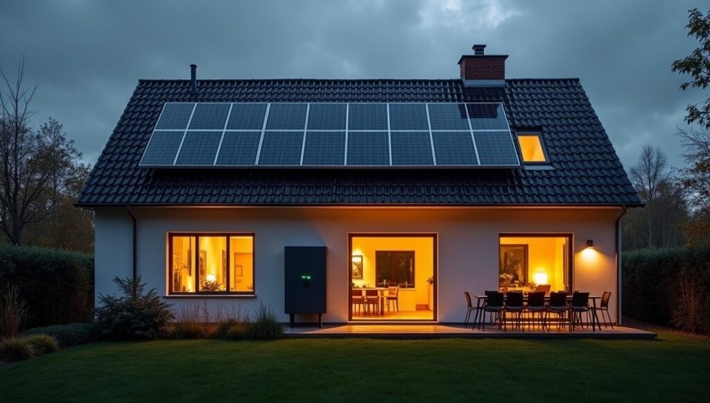 Modern huis met zonnepanelen en thuisbatterij tijdens storm, warm verlicht van binnen